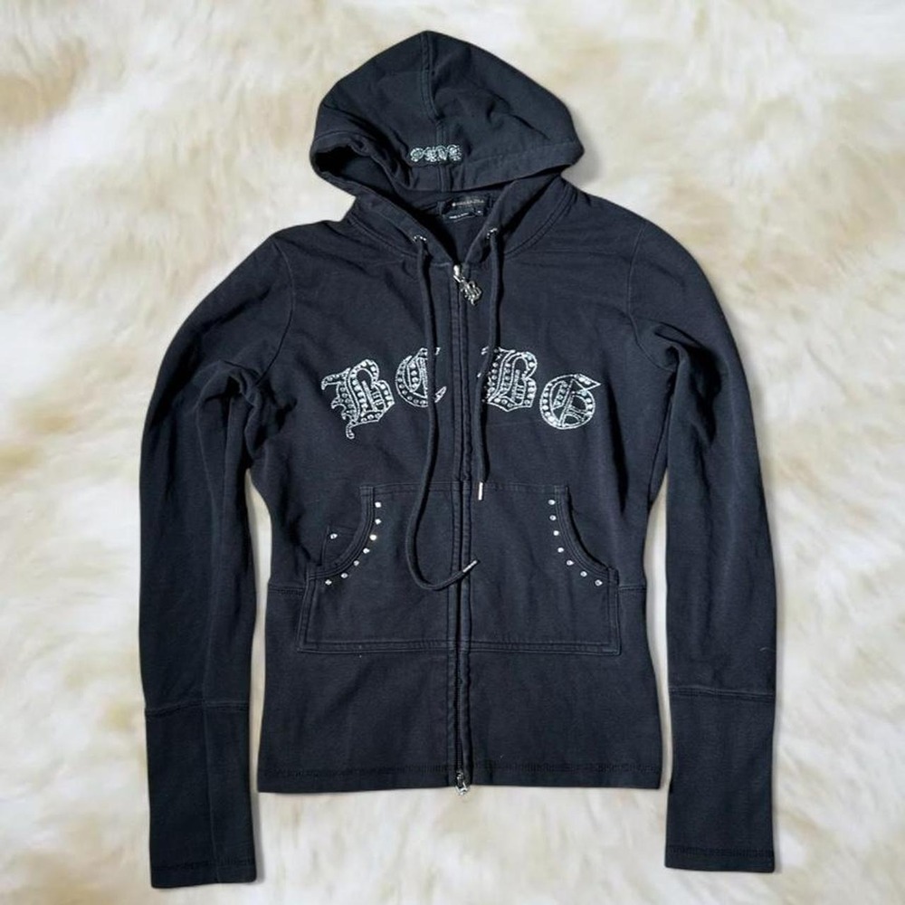 BCBGMAXAZRIA Y2K Rhinestone Logo Zip-Up Hoodie Black Silver Medium 2000s Glam
